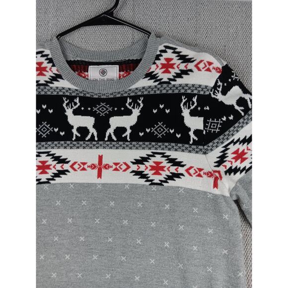 On the Bias Southwest Holiday Sweater Mens Medium Gray Deer Ribbed Long Sleeve - Picture 5 of 14